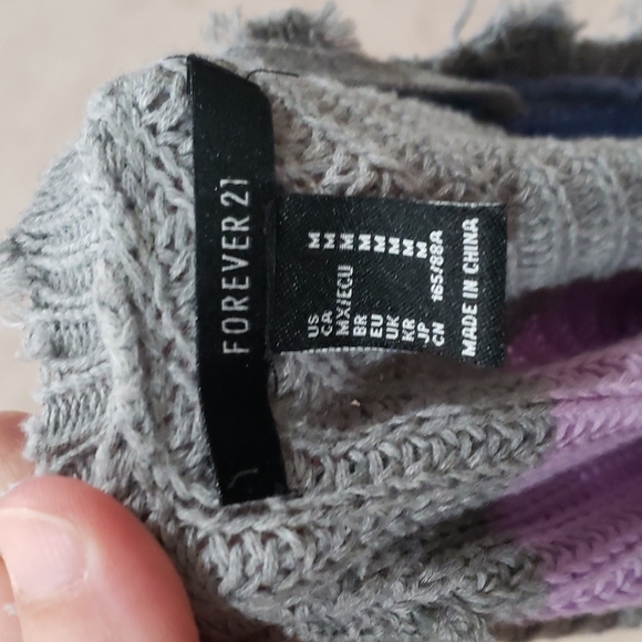 Forever 21 m fringe hem oversized open knit striped sweater vneck lilac cropped - Picture 6 of 8
